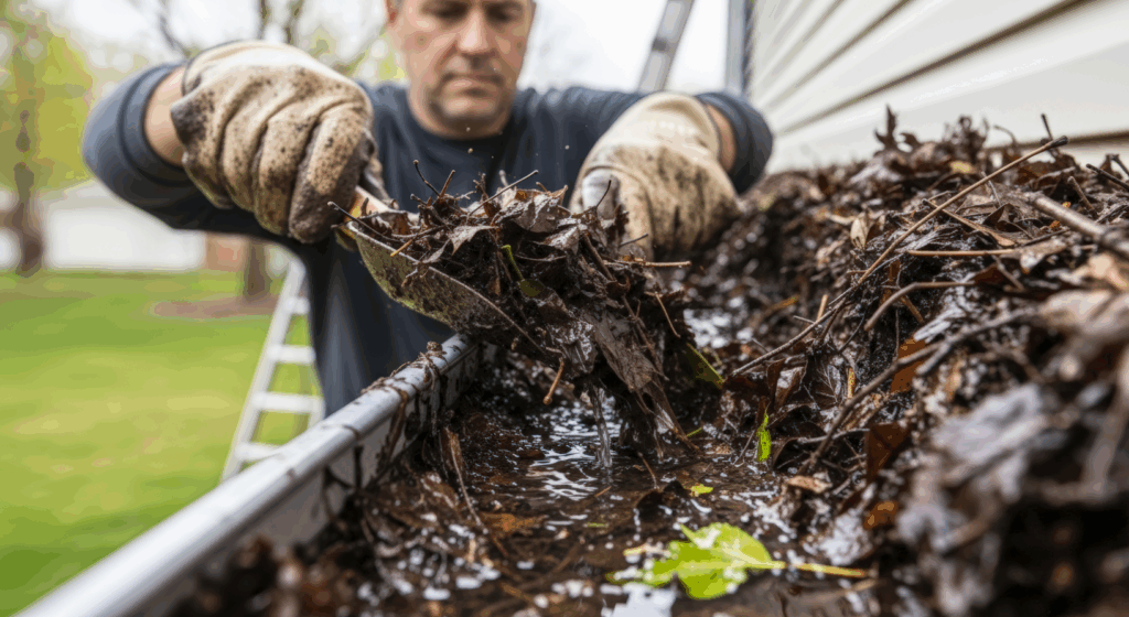 Clogged Gutter with man cleaning out the gutter.